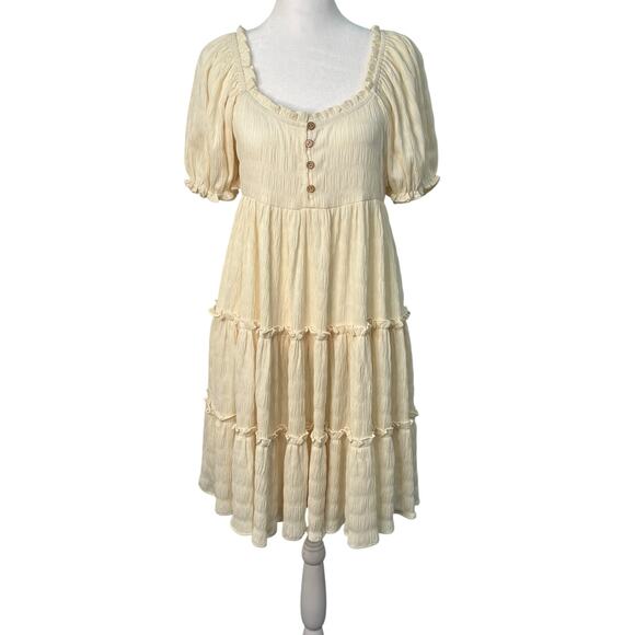 Easel Puff Sleeve Tiered Mini Babydoll Dress Ivory Small Flowy Romantic Boho NWT - Picture 11 of 12